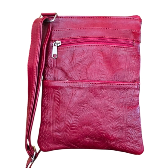 Red Tooled Leather Crossbody Handbag - Picture 1 of 15